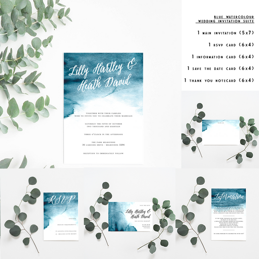 Blue Watercolour Wedding Invitation Suite - Misiu Papier